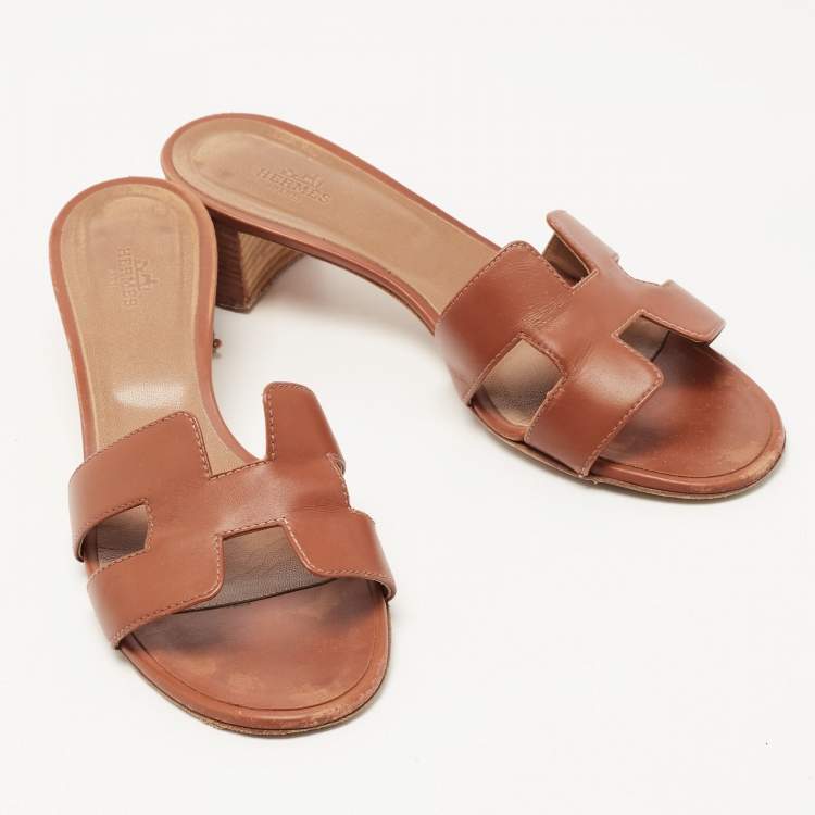 Pre Owned Hermes Brown Leather Oasis Slide Sandals Size 40