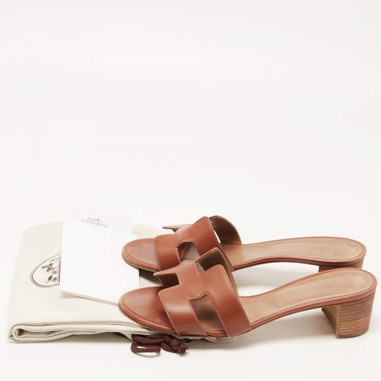 Pre Owned Hermes Brown Leather Oasis Slide Sandals Size 40