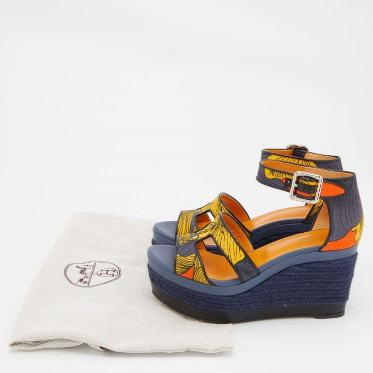 Pre Owned Hermes Multicolor Printed Canvas Ilana Espadrille Wedge Platform Ankle Cuff Sandals Size 37