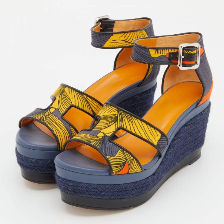 Pre Owned Hermes Multicolor Printed Canvas Ilana Espadrille Wedge Platform Ankle Cuff Sandals Size 37