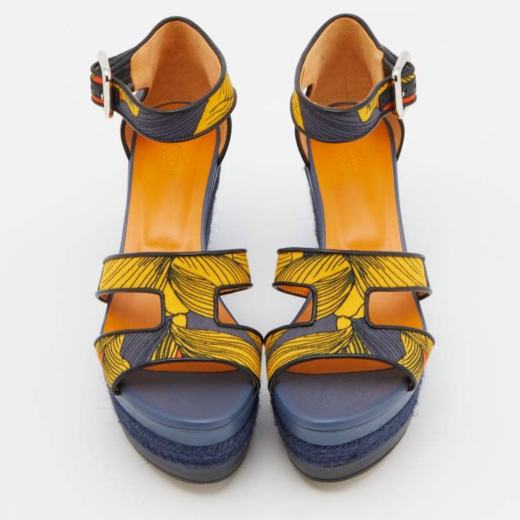 Pre Owned Hermes Multicolor Printed Canvas Ilana Espadrille Wedge Platform Ankle Cuff Sandals Size 37