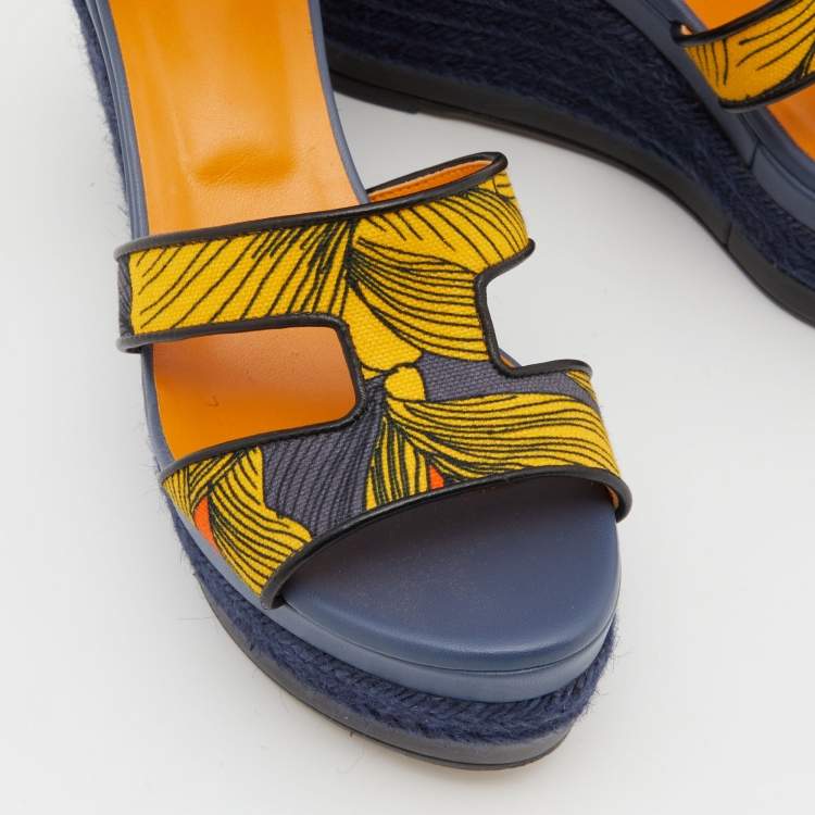 Pre Owned Hermes Multicolor Printed Canvas Ilana Espadrille Wedge Platform Ankle Cuff Sandals Size 37