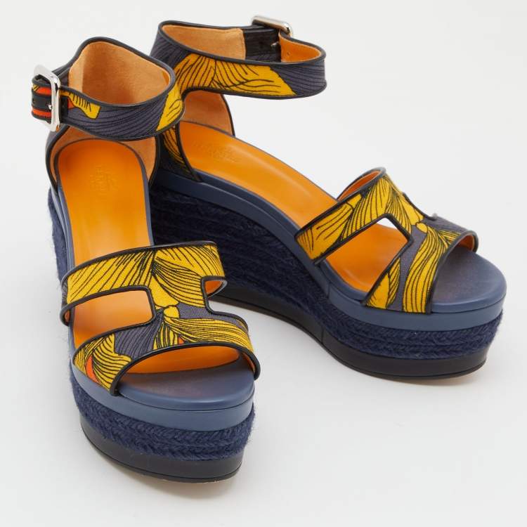 Pre Owned Hermes Multicolor Printed Canvas Ilana Espadrille Wedge Platform Ankle Cuff Sandals Size 37