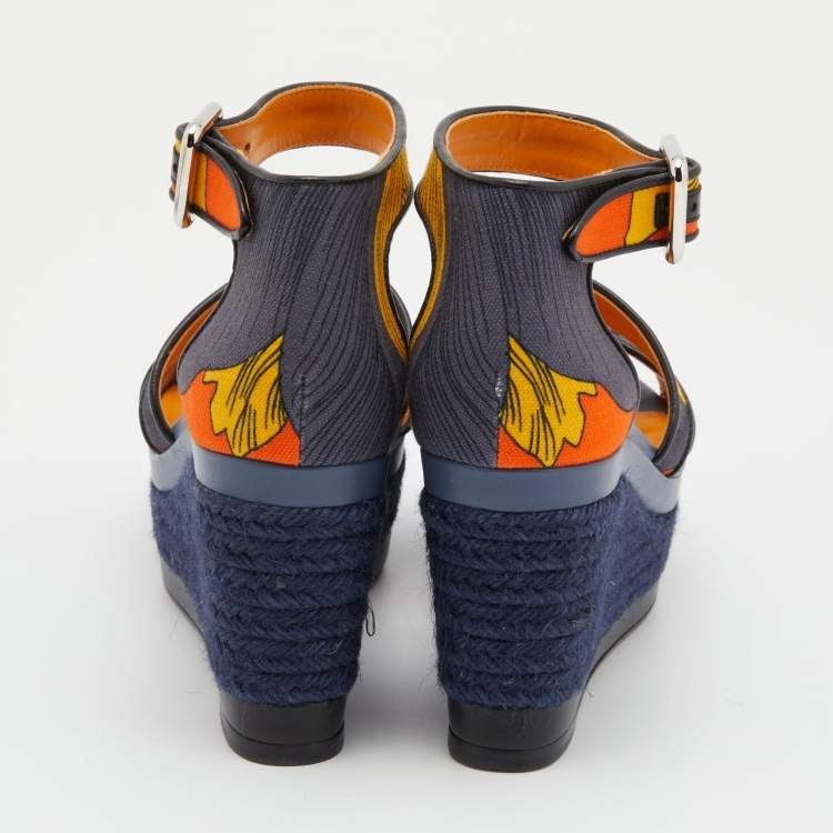 Pre Owned Hermes Multicolor Printed Canvas Ilana Espadrille Wedge Platform Ankle Cuff Sandals Size 37