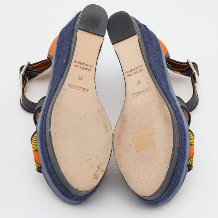 Pre Owned Hermes Multicolor Printed Canvas Ilana Espadrille Wedge Platform Ankle Cuff Sandals Size 37