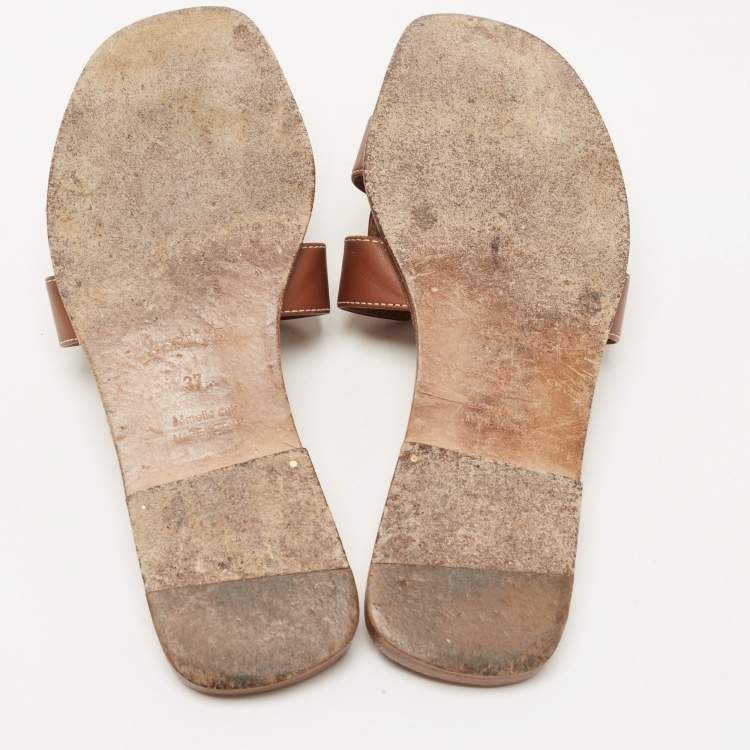 Pre Owned Hermes Brown Leather Oran Flat Slides Size 37