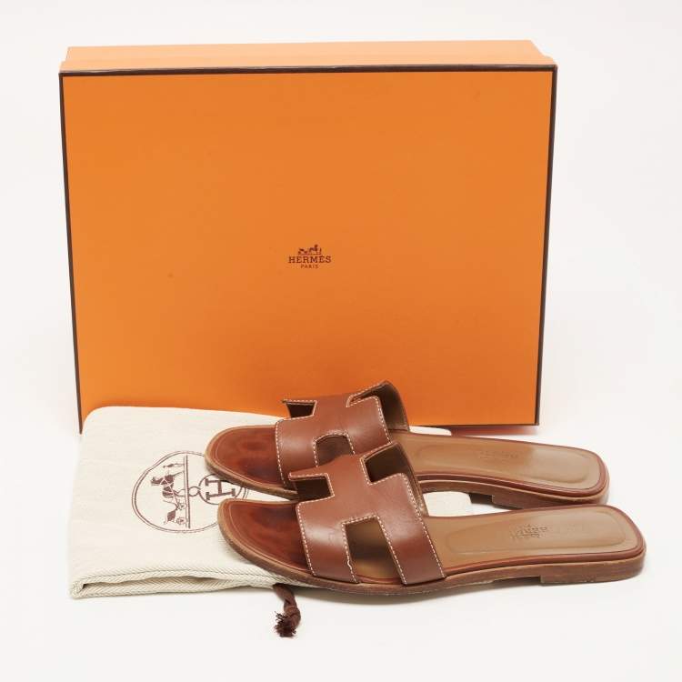 Pre Owned Hermes Brown Leather Oran Flat Slides Size 37