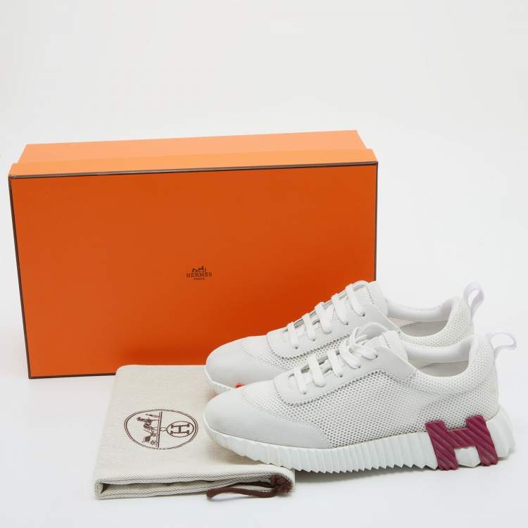 Pre Owned Hermes White/Grey Suede and Mesh Bouncing Sneakers Size 38.5