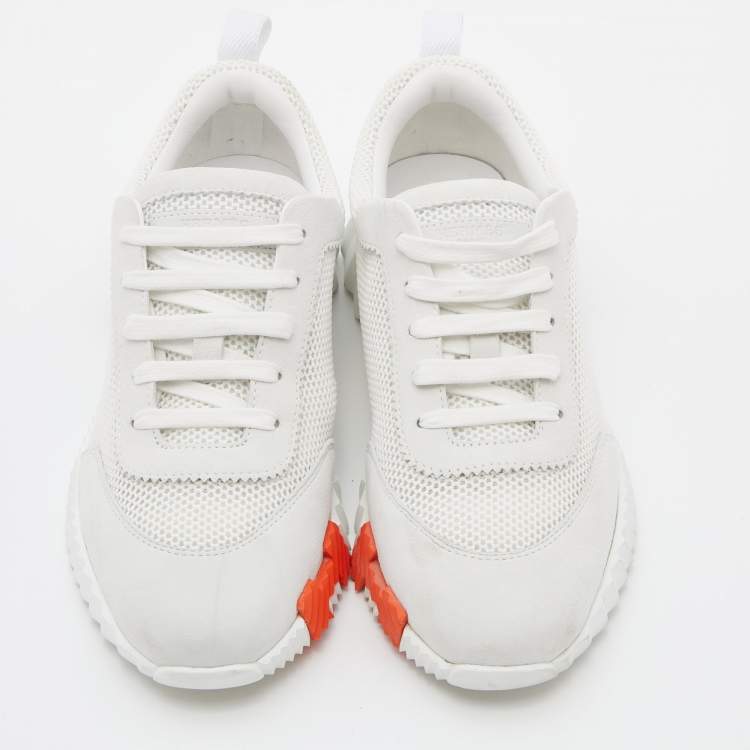 Pre Owned Hermes White/Grey Suede and Mesh Bouncing Sneakers Size 38.5