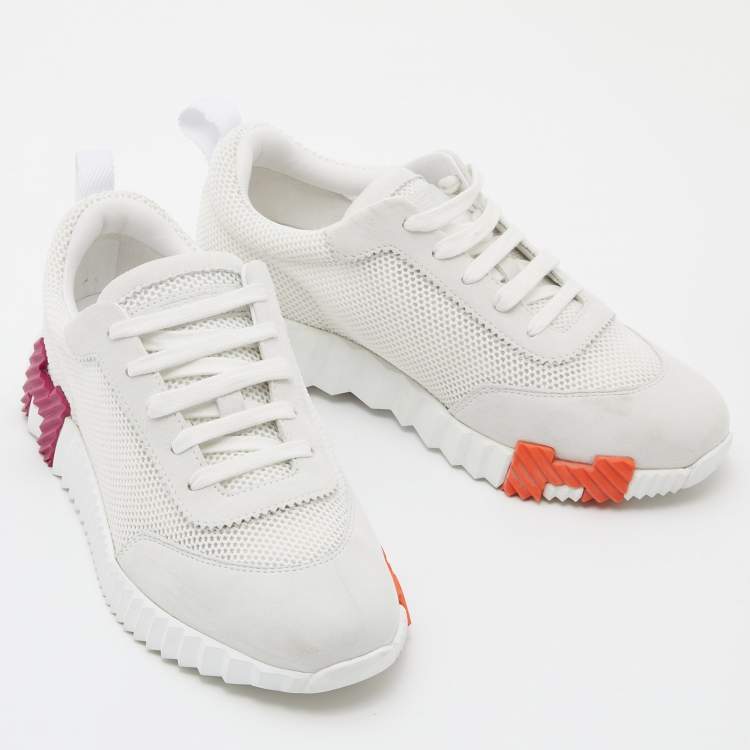 Pre Owned Hermes White/Grey Suede and Mesh Bouncing Sneakers Size 38.5