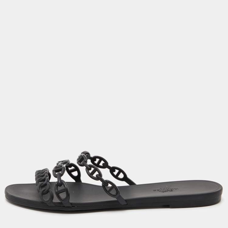 Pre Owned Hermes Black Rubber Chaine d'Ancre Rivage Slide Sandals Size 40
