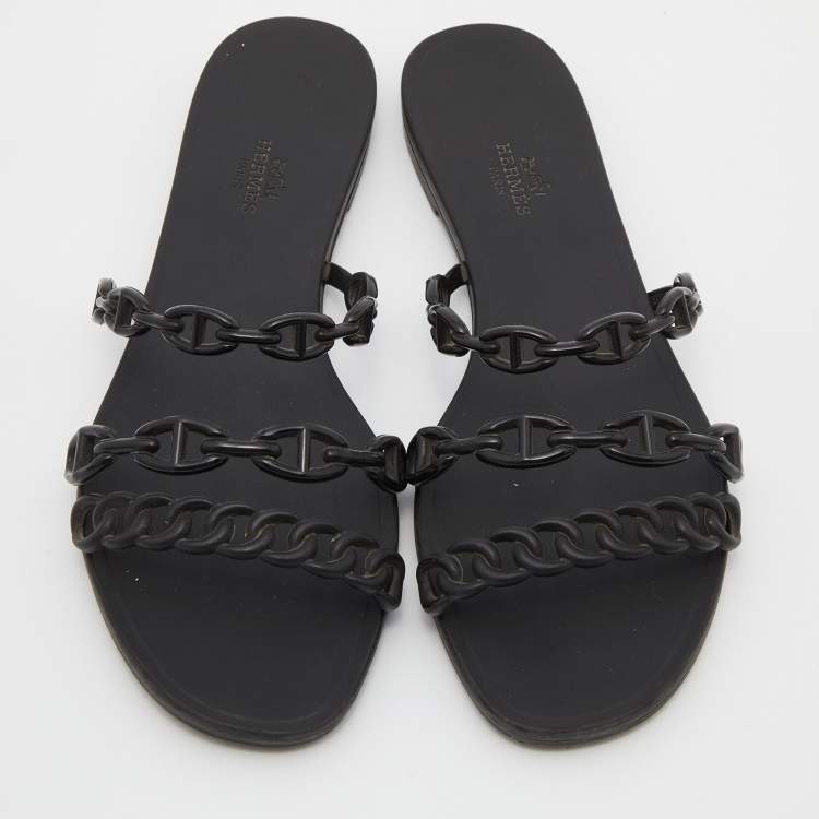 Pre Owned Hermes Black Rubber Chaine d'Ancre Rivage Slide Sandals Size 40