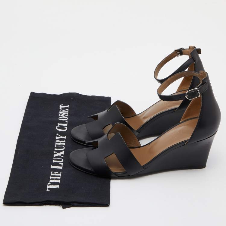 Pre Owned Hermes Black Leather Legend Ankle Strap Wedge Sandals Size 37