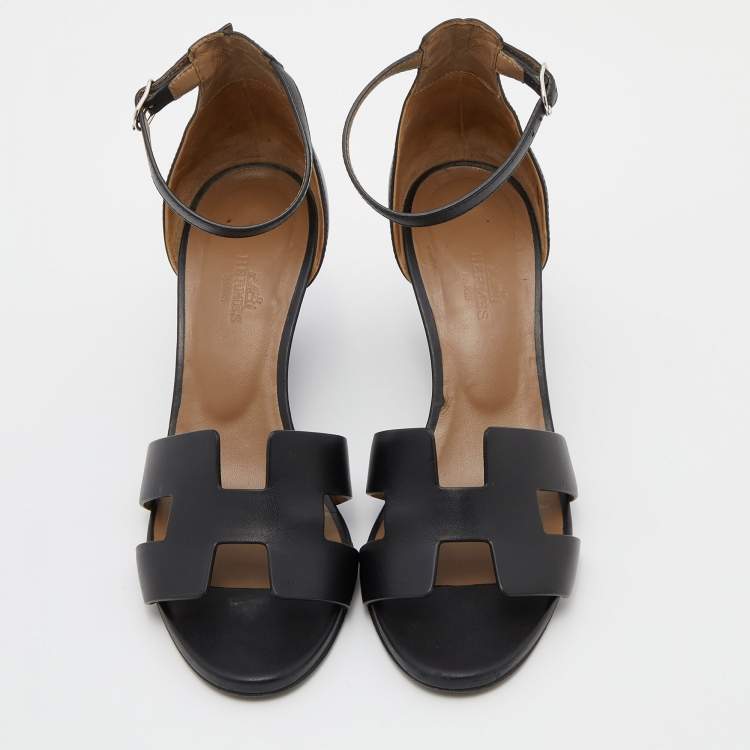 Pre Owned Hermes Black Leather Legend Ankle Strap Wedge Sandals Size 37