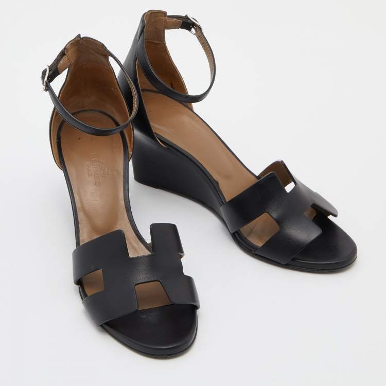 Pre Owned Hermes Black Leather Legend Ankle Strap Wedge Sandals Size 37