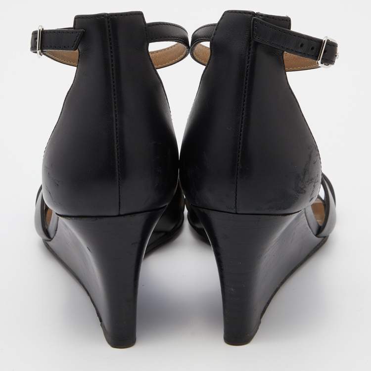 Pre Owned Hermes Black Leather Legend Ankle Strap Wedge Sandals Size 37