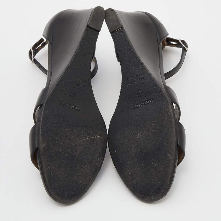 Pre Owned Hermes Black Leather Legend Ankle Strap Wedge Sandals Size 37