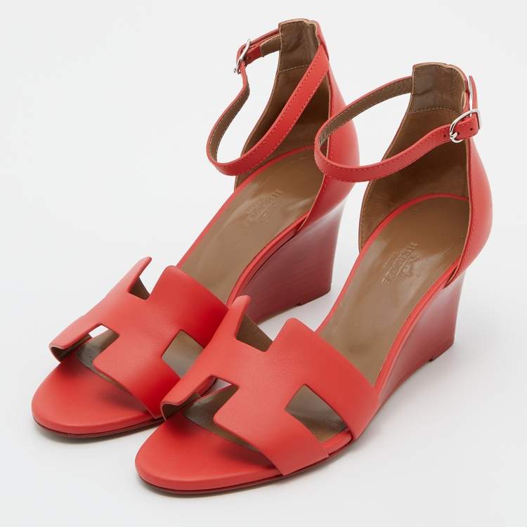 Pre Owned Hermes Red Leather Legend Wedge Ankle Strap Sandals Size 38