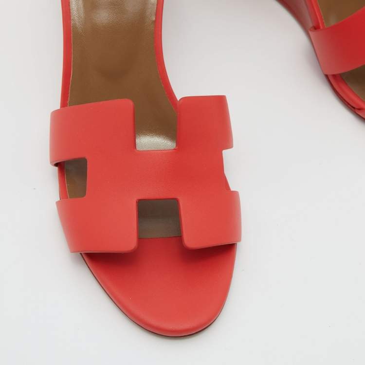 Pre Owned Hermes Red Leather Legend Wedge Ankle Strap Sandals Size 38