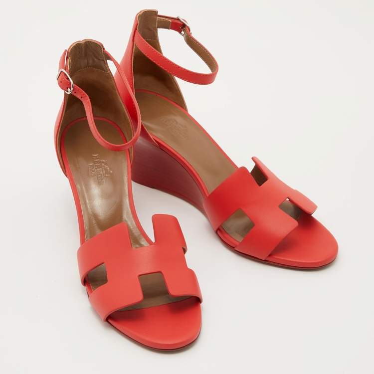 Pre Owned Hermes Red Leather Legend Wedge Ankle Strap Sandals Size 38