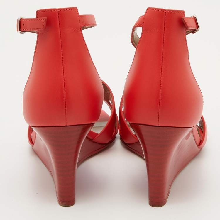 Pre Owned Hermes Red Leather Legend Wedge Ankle Strap Sandals Size 38