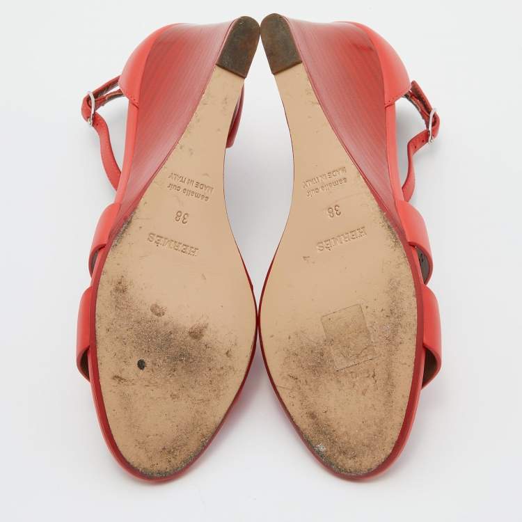 Pre Owned Hermes Red Leather Legend Wedge Ankle Strap Sandals Size 38