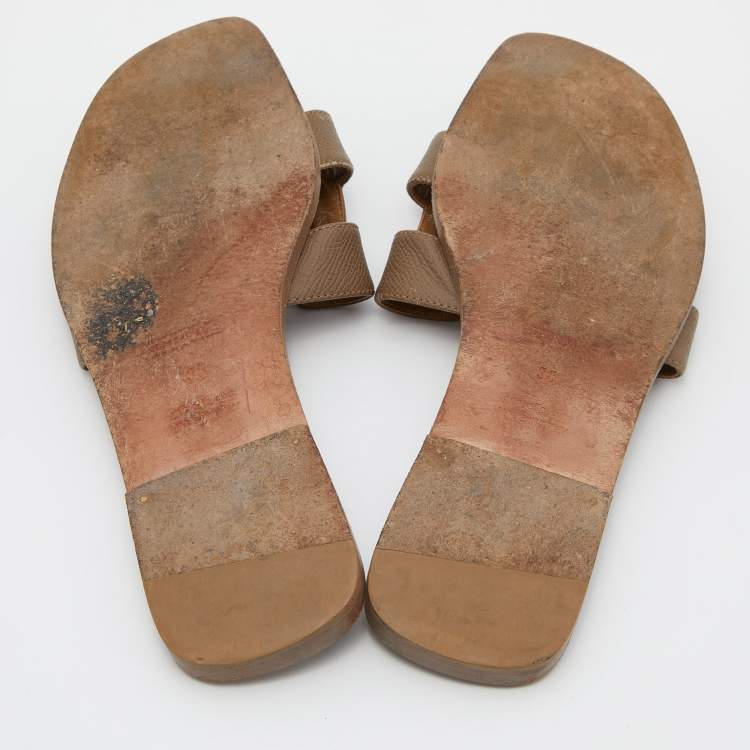 Pre Owned Hermes Brown Leather Oran Flat Slides Size 38