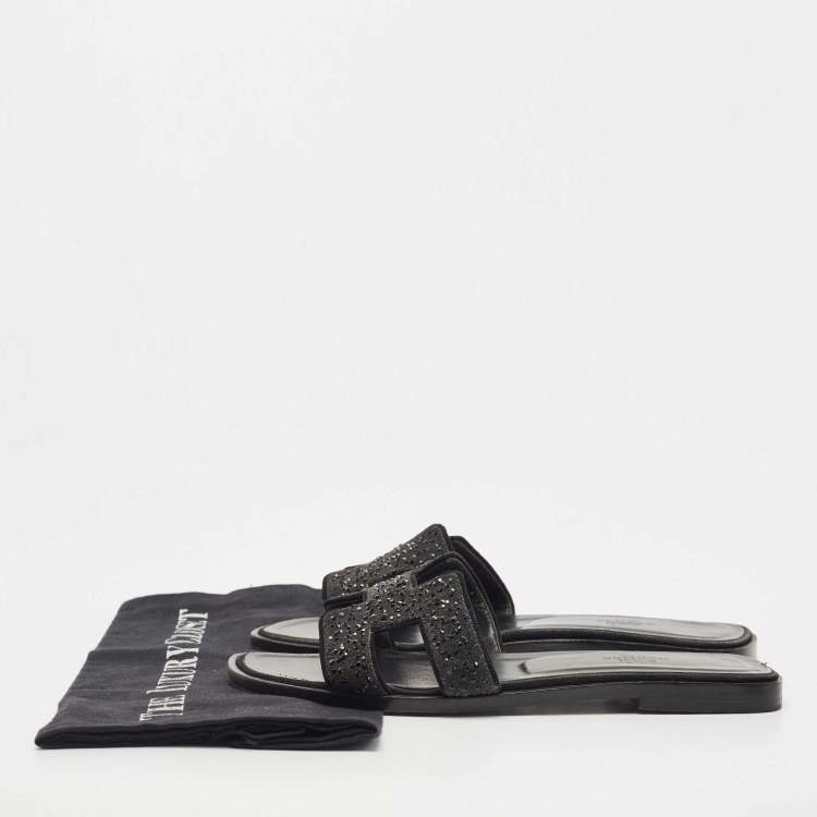 Pre Owned Hermes Black Crystal Embellished Suede Oran Flat Slides Size 39