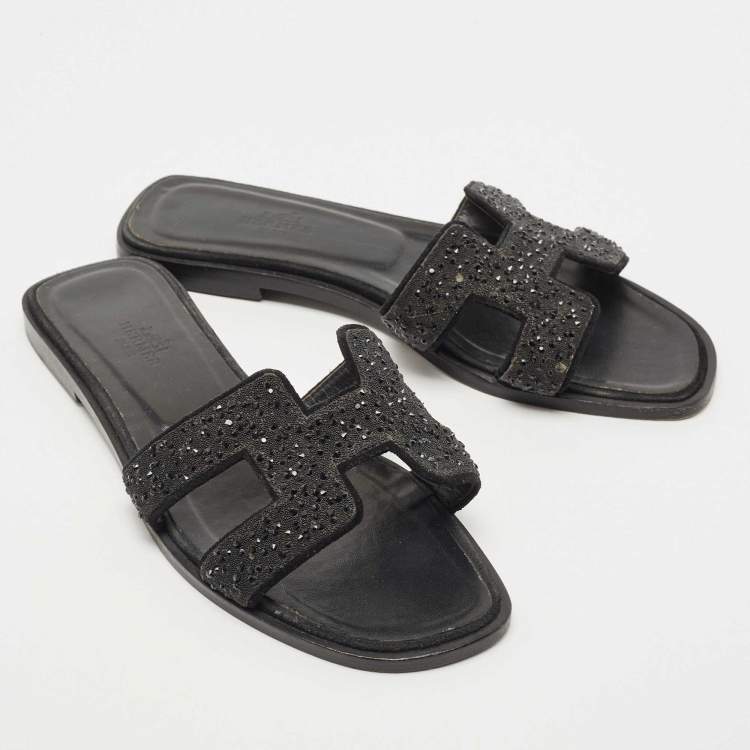 Pre Owned Hermes Black Crystal Embellished Suede Oran Flat Slides Size 39