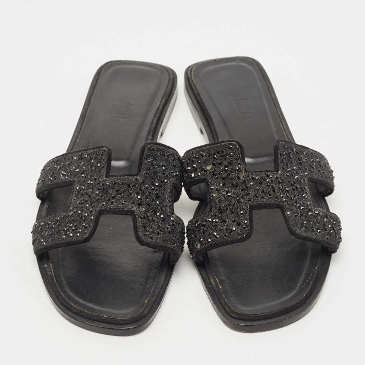 Pre Owned Hermes Black Crystal Embellished Suede Oran Flat Slides Size 39