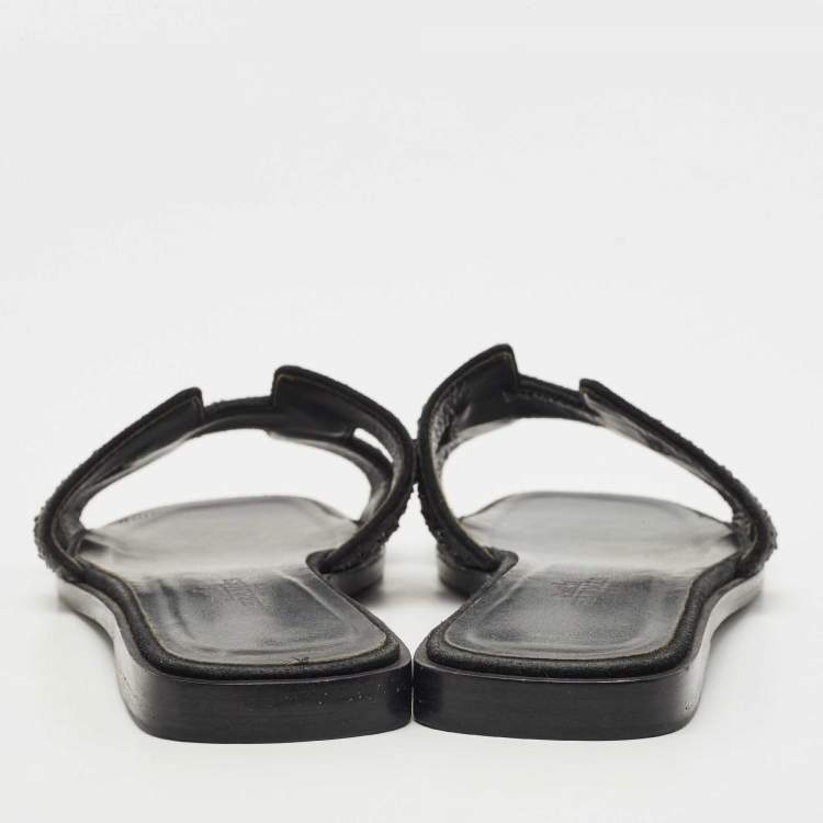 Pre Owned Hermes Black Crystal Embellished Suede Oran Flat Slides Size 39