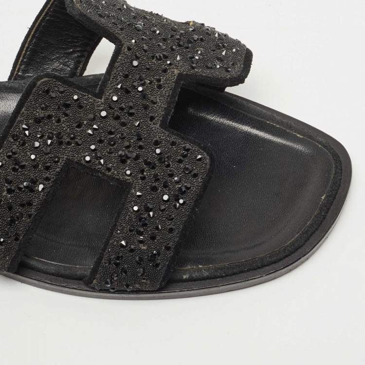 Pre Owned Hermes Black Crystal Embellished Suede Oran Flat Slides Size 39