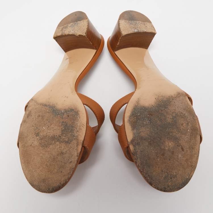 Pre Owned Hermes Tan Leather Oasis Slide Sandals Size 38
