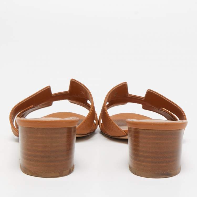 Pre Owned Hermes Tan Leather Oasis Slide Sandals Size 38