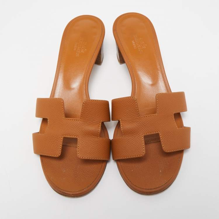 Pre Owned Hermes Tan Leather Oasis Slide Sandals Size 38