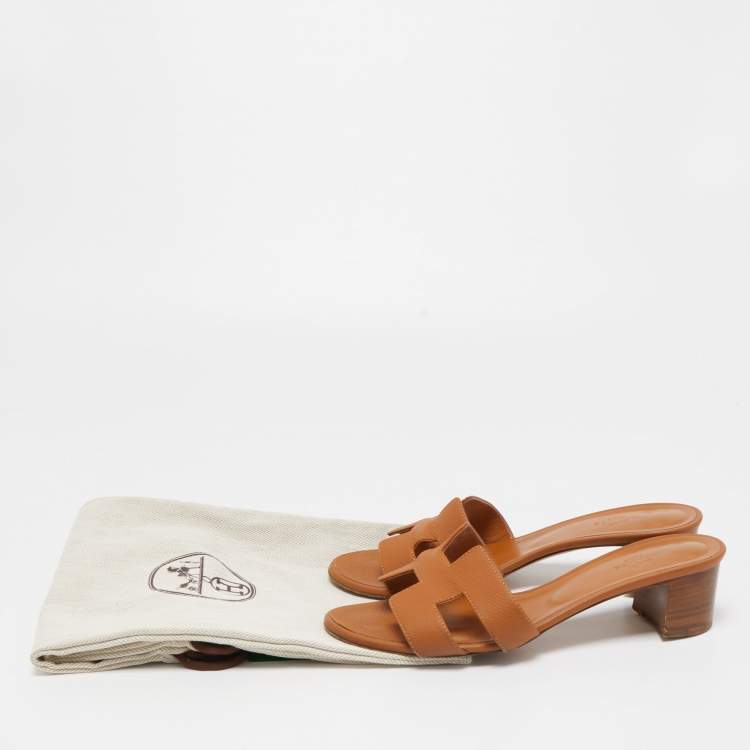 Pre Owned Hermes Tan Leather Oasis Slide Sandals Size 38