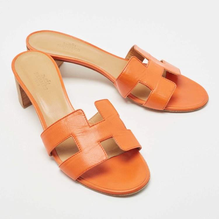 Pre Owned Hermes Orange Leather Oasis Slide Sandals Size 39
