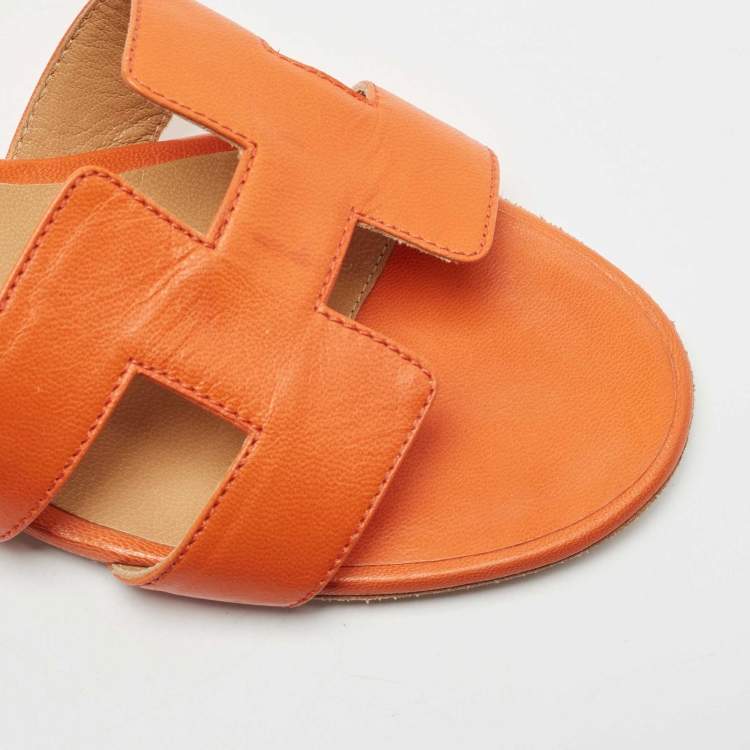 Pre Owned Hermes Orange Leather Oasis Slide Sandals Size 39