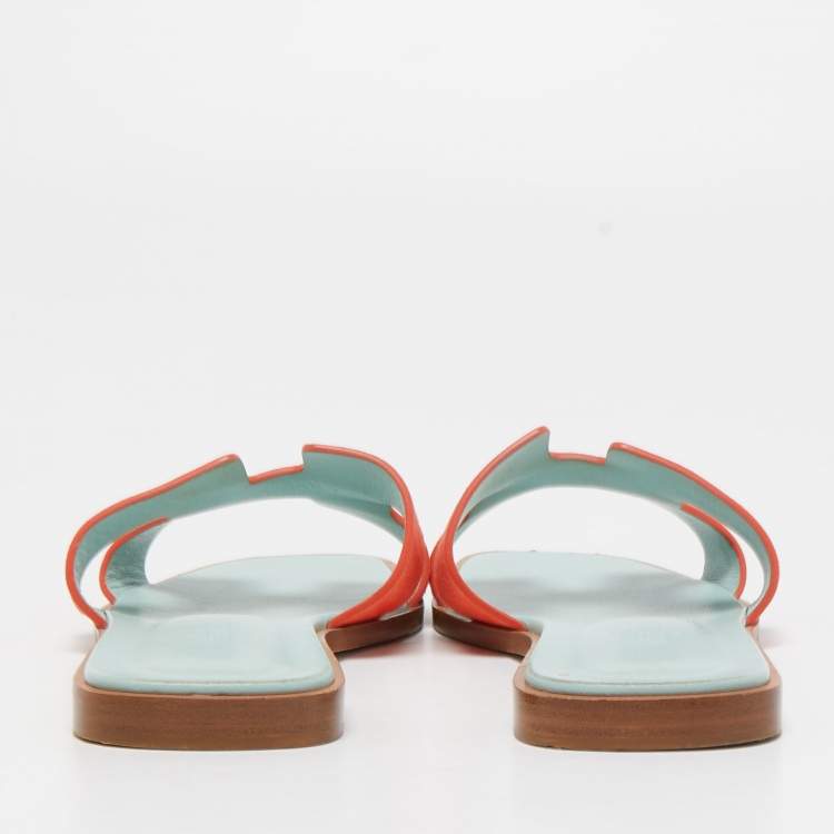 Pre Owned Hermes Orange Nubuck Leather Oran Flat Slides Size 39