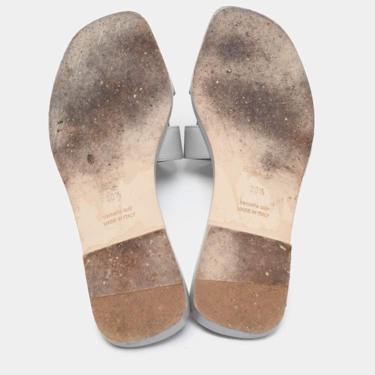 Pre Owned Hermes Grey Leather Oran Flat Slides Size 38.5