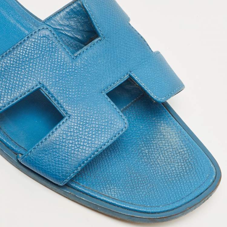 Pre Owned Hermes Blue Leather Oran Flat Sandals Size 39.5