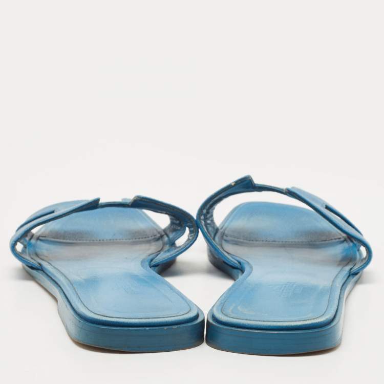 Pre Owned Hermes Blue Leather Oran Flat Sandals Size 39.5