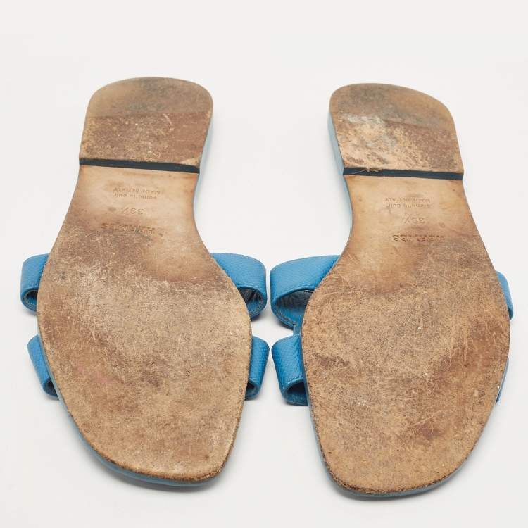 Pre Owned Hermes Blue Leather Oran Flat Sandals Size 39.5