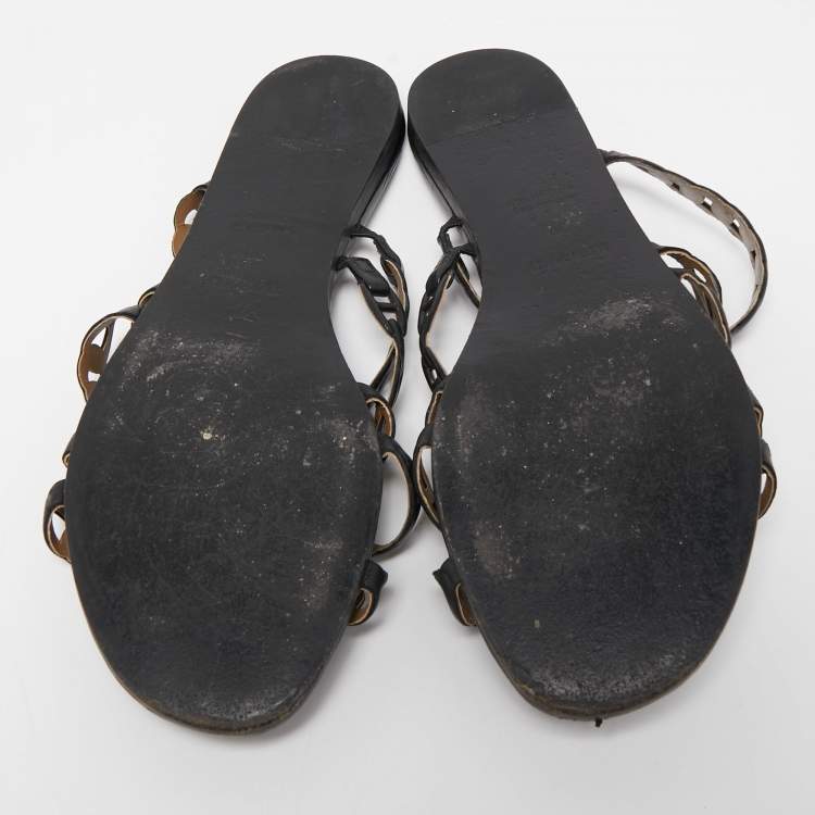Pre Owned Hermes Black Leather D'ancre Chaine Flat Slides Size 39