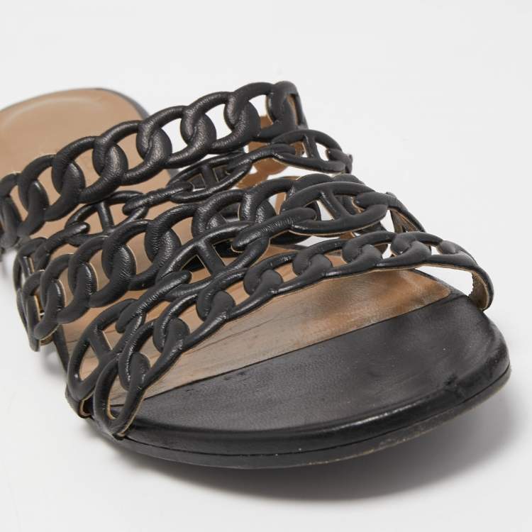 Pre Owned Hermes Black Leather D'ancre Chaine Flat Slides Size 39