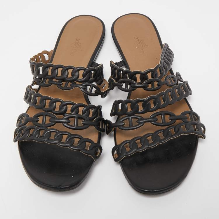 Pre Owned Hermes Black Leather D'ancre Chaine Flat Slides Size 39
