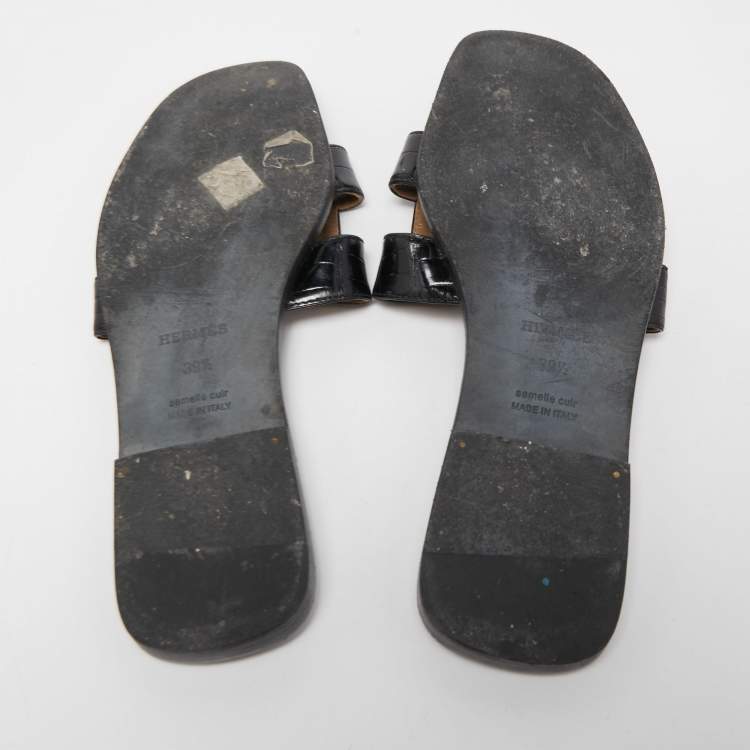 Pre Owned Hermes Black Crocodile Oran Flat Slides Size 39.5