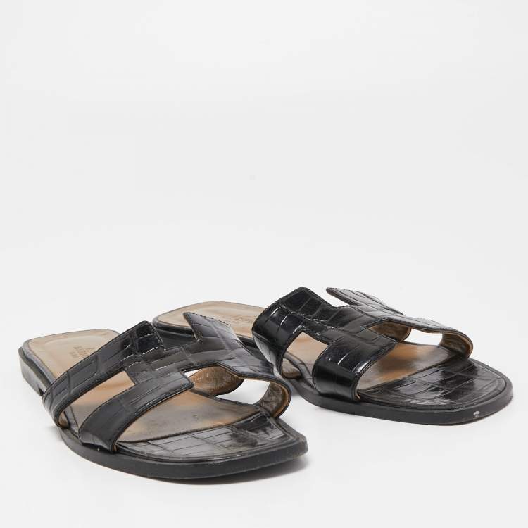 Pre Owned Hermes Black Crocodile Oran Flat Slides Size 39.5