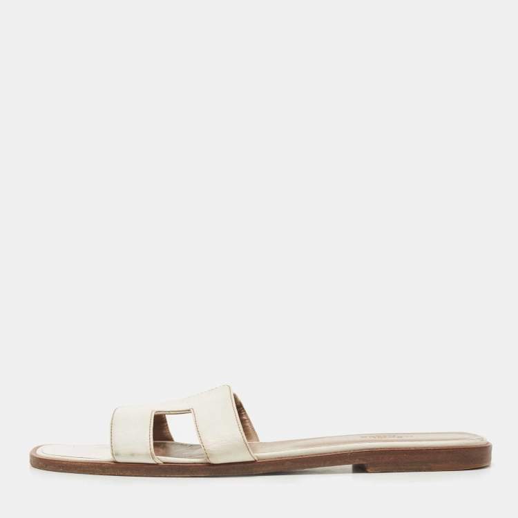 Pre Owned Hermes White Leather Oran Slide Sandals Size 40