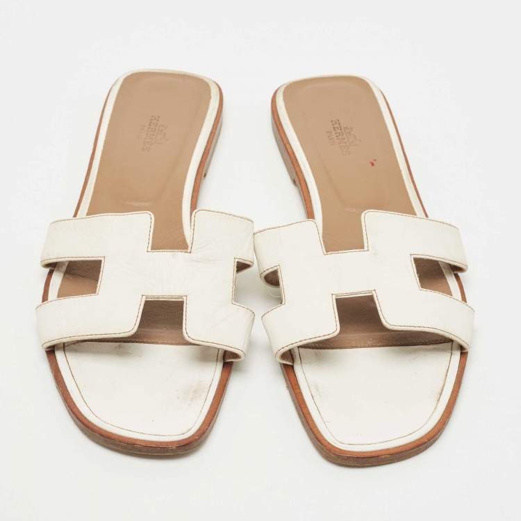 Pre Owned Hermes White Leather Oran Slide Sandals Size 40